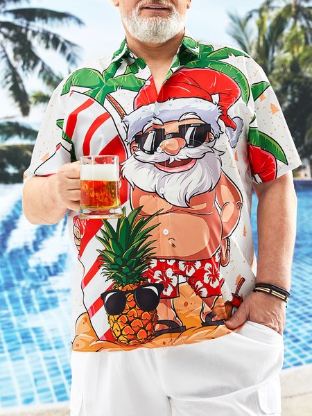 

Big Size Santa Surfing Short Sleeve Hawaiian Shirt, White, Short Sleeve Shirts