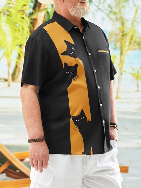 

Big Size Cat Chest Pocket Short Sleeve Bowling Shirt, Black, Men Shirts