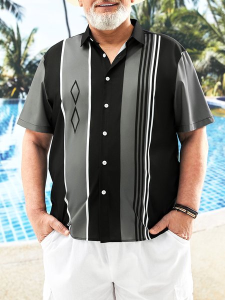 

Big Size Geometric Stripe Chest Pocket Short Sleeve Shirt, Black, Men Shirts