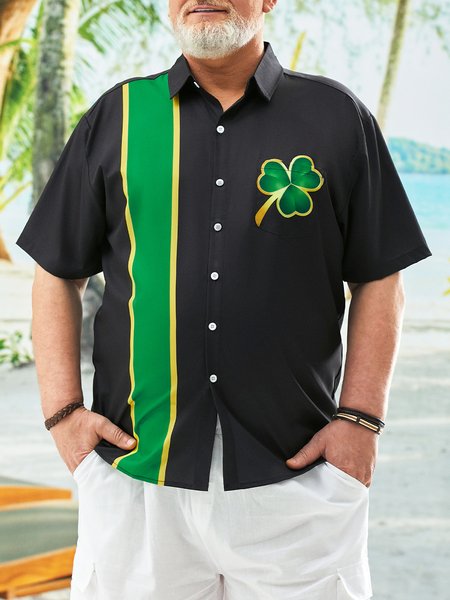 

Big Size Clover Chest Pocket Short Sleeve Bowling Shirt, Black, Men Shirts