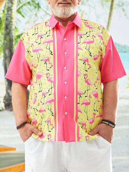 

Big Size Flamingo Chest Pocket Short Sleeve Bowling Shirt, Pink, Men Shirts