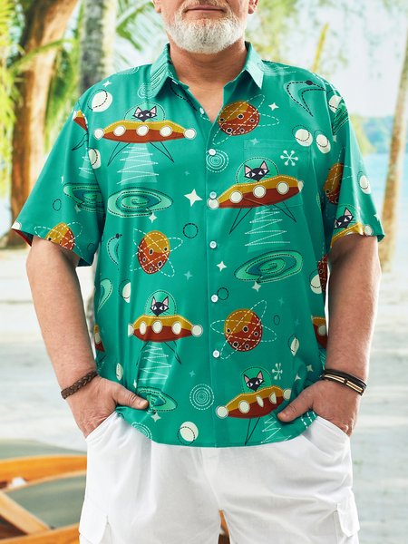 

Big Size Space Cat Chest Pocket Short Sleeve Casual Shirt, Green, Men Shirts