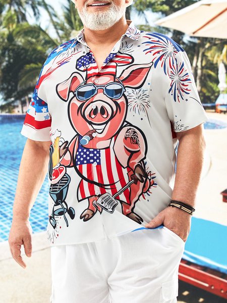 

Big Size BBQ Chef Pig Chest Pocket Short Sleeve Hawaiian Shirt, White, Men Shirts