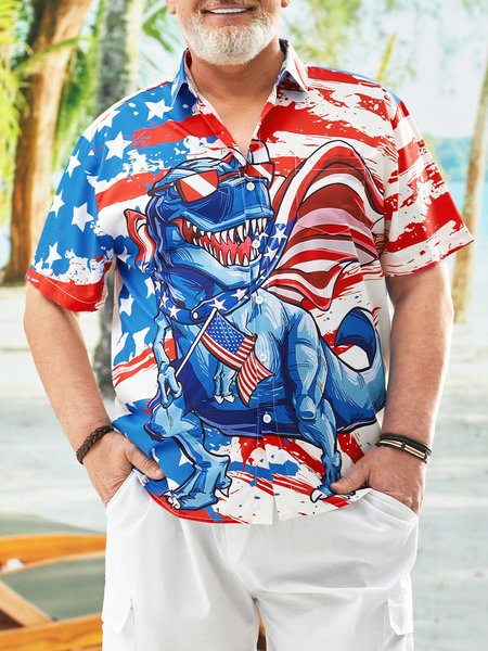 

Big Size Flag Dinosaur Chest Pocket Short Sleeve Shirt, Blue, Men Shirts