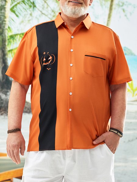 

Big Size Pumpkin Chest Pocket Short Sleeve Bowling Shirt, Orange, Short Sleeve Shirts