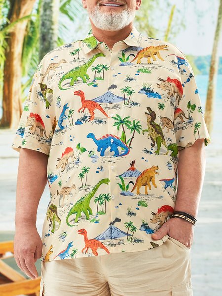 

Big Size Dinosaur Chest Pocket Short Sleeve Hawaiian Shirt, Apricot, Men Shirts