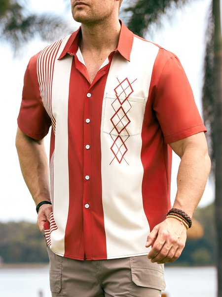 

Geometric Color Block Chest Pocket Short Sleeve Bowling Shirt, Red, Men Shirts