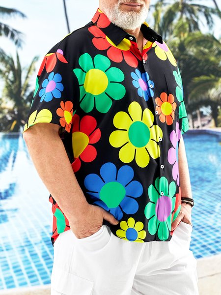 

Big Size Floral Chest Pocket Short Sleeve Hawaiian Shirt, Black, Men Shirts