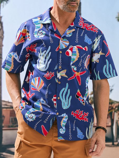 

Hardaddy® Cotton Marine Life Chest Pocket Aloha Shirt, Blue, Men Shirts