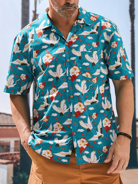 

Hardaddy® Cotton Ukiyo-e Crane Chest Pocket Aloha Shirt, Blue, Men Shirts