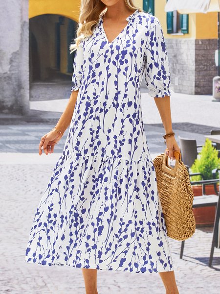 

V Neck Loose Blue Floral Casual Dress, Red, Maxi