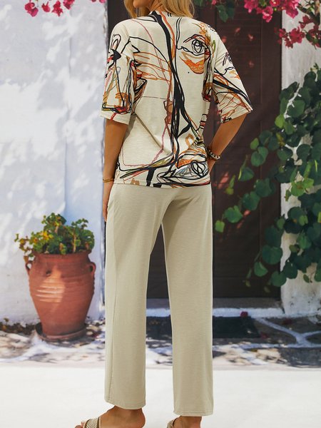 

Casual Crew Neck Abstract Loose Two-Piece Set, Khaki, Suit Set