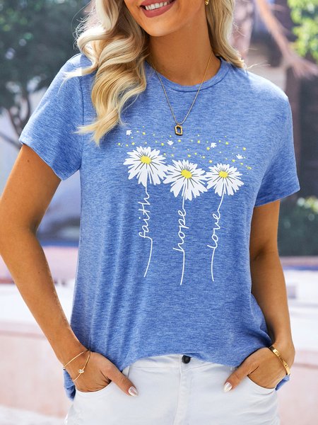 

Loose Casual Crew Neck T-Shirt, Blue, T-shirts