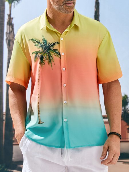 

Ombre Coconut Tree Chest Pocket Short Sleeve Resort Shirt, Red-blue, Men Shirts