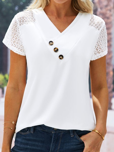 

Casual V Neck Buttoned Shirt, White, Blouses