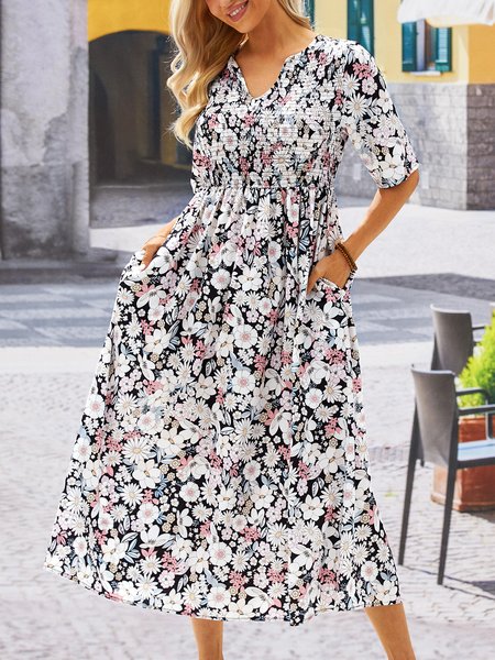 

Floral V neck Casual Half sleeve Dress, Multicolor, Midi