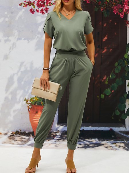 

Summer Plain Loose Casual V Neck Two-Piece Set, Black, Suit Set