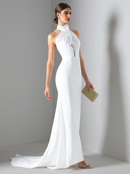 

Party Vintage Halter Satin Dress, White, Maxi Dresses