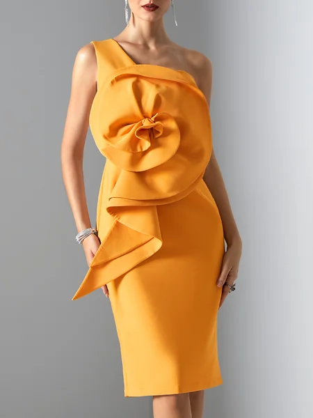 

Party One Shoulder Tight Vintage Plain Dress, Yellow, Midi Dresses