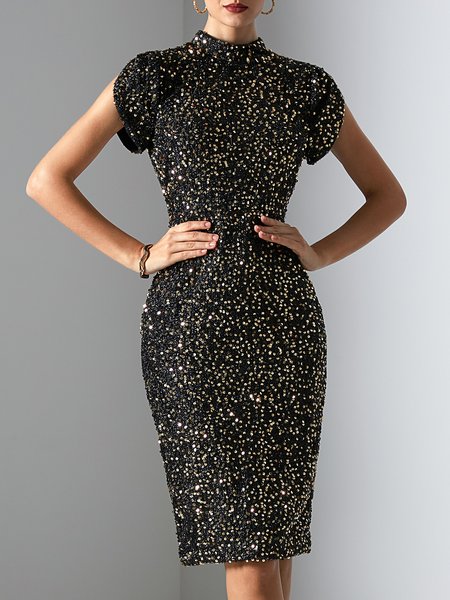 

Party Crew Neck Plain Vintage Dress, As picture, Midi Dresses