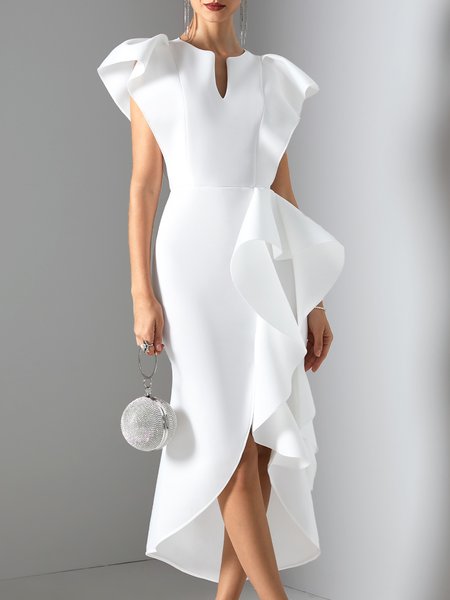 

Party Vintage Plain Tight V Neck Dress, White, Midi Dresses