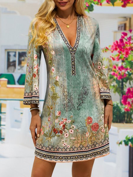 

Floral Boho V Neck Loose Dress, Purple, Dresses