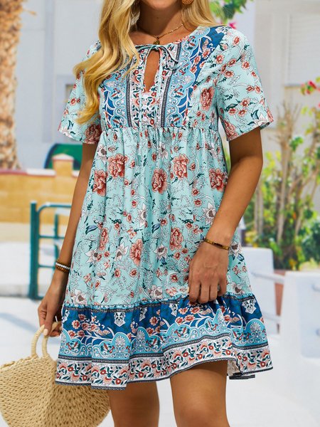 

Regular Fit Floral Boho V Neck Dress, Red, Dresses