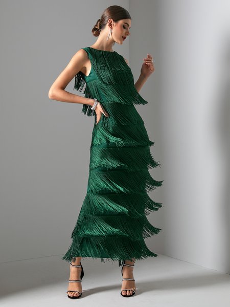 

Party Plain Vintage Tight Crew Neck Dress, Green, Maxi Dresses