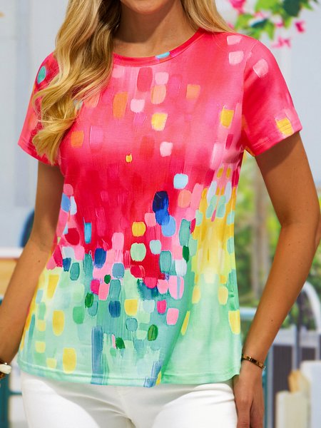 

Crew Neck Casual Ombre Loose Rainbow Dot Short Sleeve T-Shirt, Green, T-Shirts