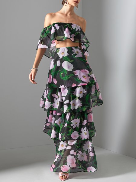 

Chiffon Floral Elegant Boat Neck Dress Set, Flower, Maxi Dresses