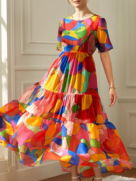 

Stylewe Loose Elegant Crew Neck Short sleeve Abstract Long Dress, As picture, Dresses