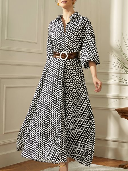 

2023 Fashion week vacation Regular Fit Maxi Dress With Belt, Black-white, Dresses