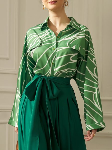 

2023 Fashion week Loose Shirt Collar Abstract Casual Blouse, Green, Blouses and Shirts
