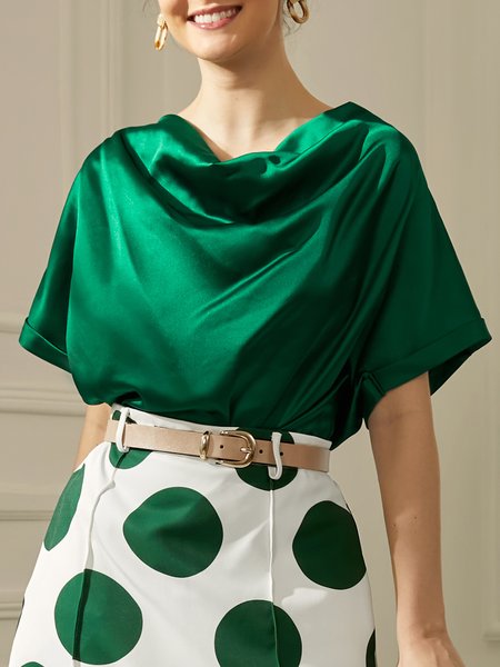 

Elegant Plain Draped Front Short Sleeve Loose Shirt, Green, Blouses and Shirts