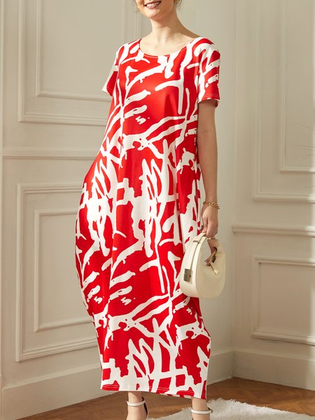 

Vacation Crew Neck Short sleeve Abstract Loose Long Dress, Red, Dresses
