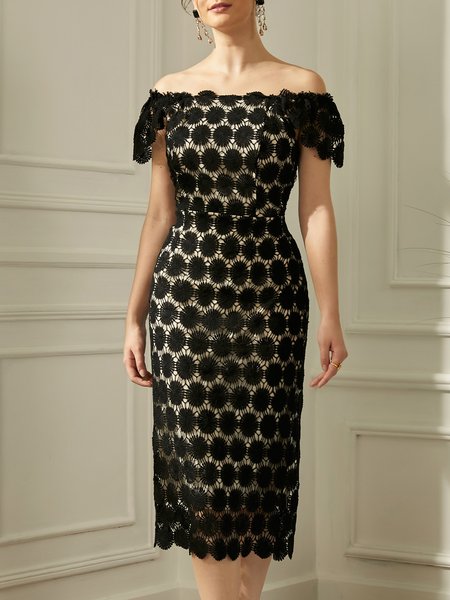 

Square Neck Short sleeve Polka Dots Elegant Regular Fit Midi Dress, Black, Dresses