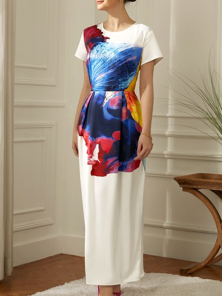 

Regular Fit Crew Neck Elegant Random Print Dress, White, Dresses