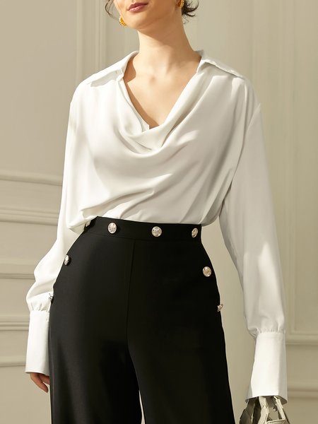 

Shirt Collar Loose Elegant Plain Blouse, White, Blouses and Shirts