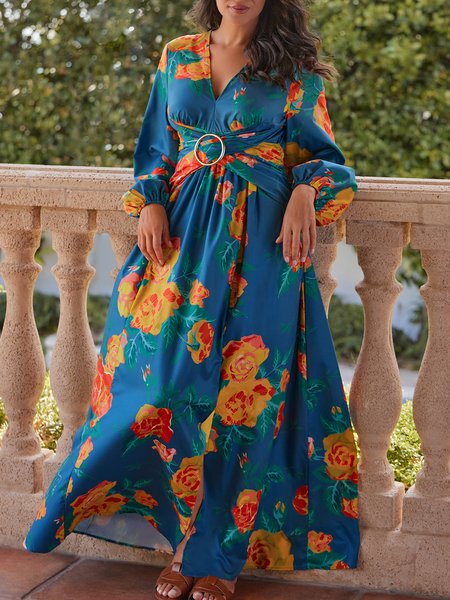 

Vacation Long Sleeve Floral V Neck Regular Fit Maxi Dress, Blue, Dresses