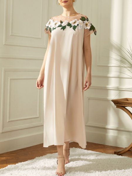 

Floral Loose Embroidery Vacation Dress, Apricot, Dresses