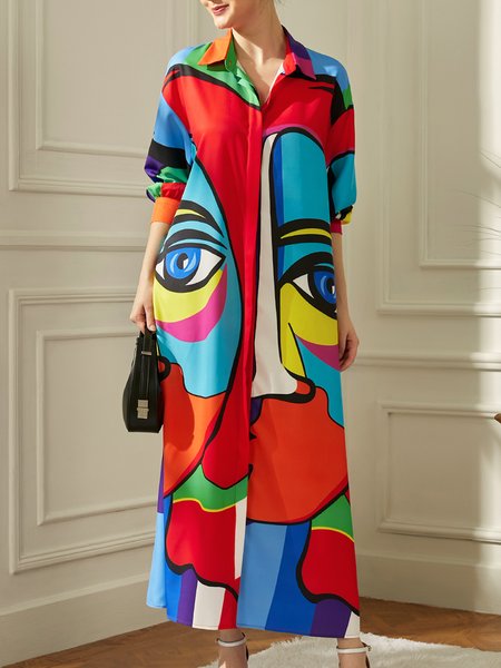 

Loose Abstract Shirt Collar Casual Dress, Multicolor, Dresses