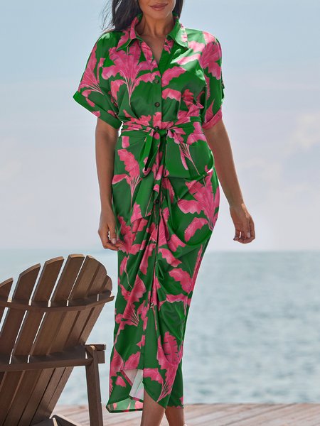 

Regular Fit Shirt Collar Vacation Midi Dress, Green, Dresses