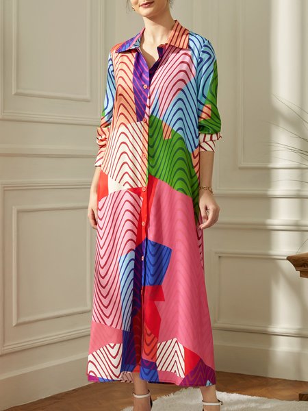 

Loose Vacation Shirt Collar Chevron Midi Dress, Multicolor, Dresses
