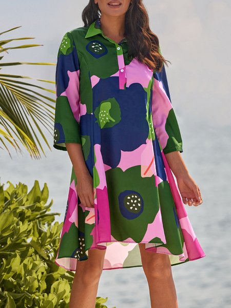 

Urban Floral Shirt Collar Loose Dress, Flower, Dresses