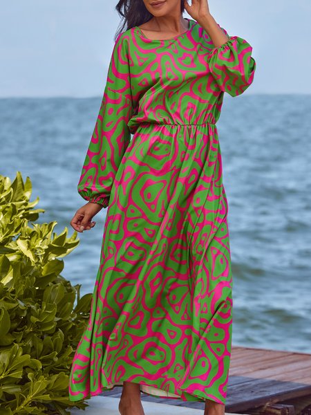

Regular Fit Green Long sleeve Lantern Sleeve Vacation Dress, Dresses