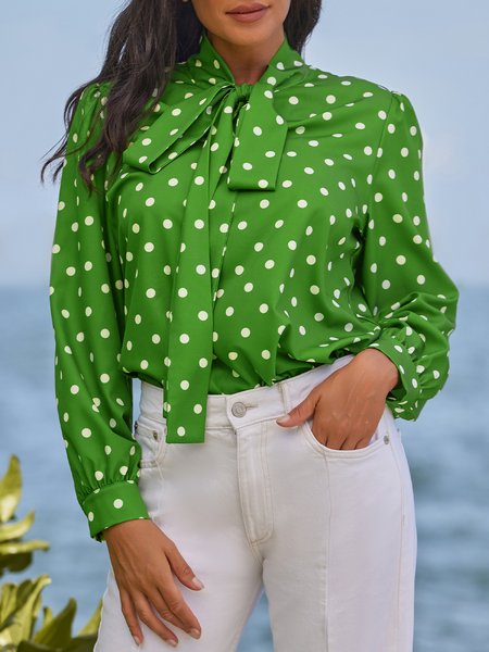

Green Loose Polka DotsLong sleeve Elegant Stand H-Line Collar Top, Blouses and Shirts