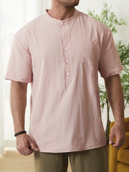 

Hardaddy® Cotton Plain Henley Collar Resort Shirt, Pink, Men Shirts