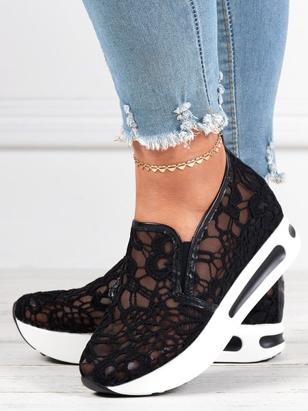 

Floral Embroidered Mesh Paneled Slip-On Wedge Sneakers, Black, Sneakers