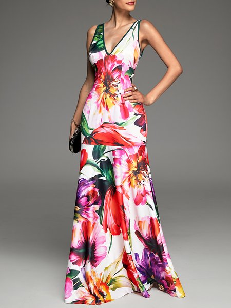 

Wedding Guest Floral Elegant V Neck Dress, Flower, Maxi Dresses