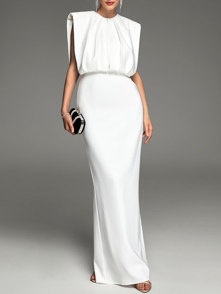 

Wedding Guest Round Neck Polyester Maxi Dress, White, Maxi Dresses